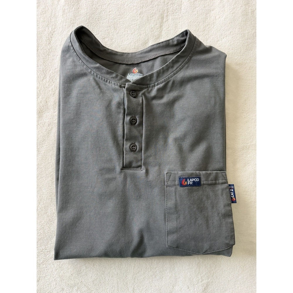 Mens LAPCO FR Work Shirt Gray Henley Long Sleeve NFPA 70E CAT 2 - Sz XL - EUC